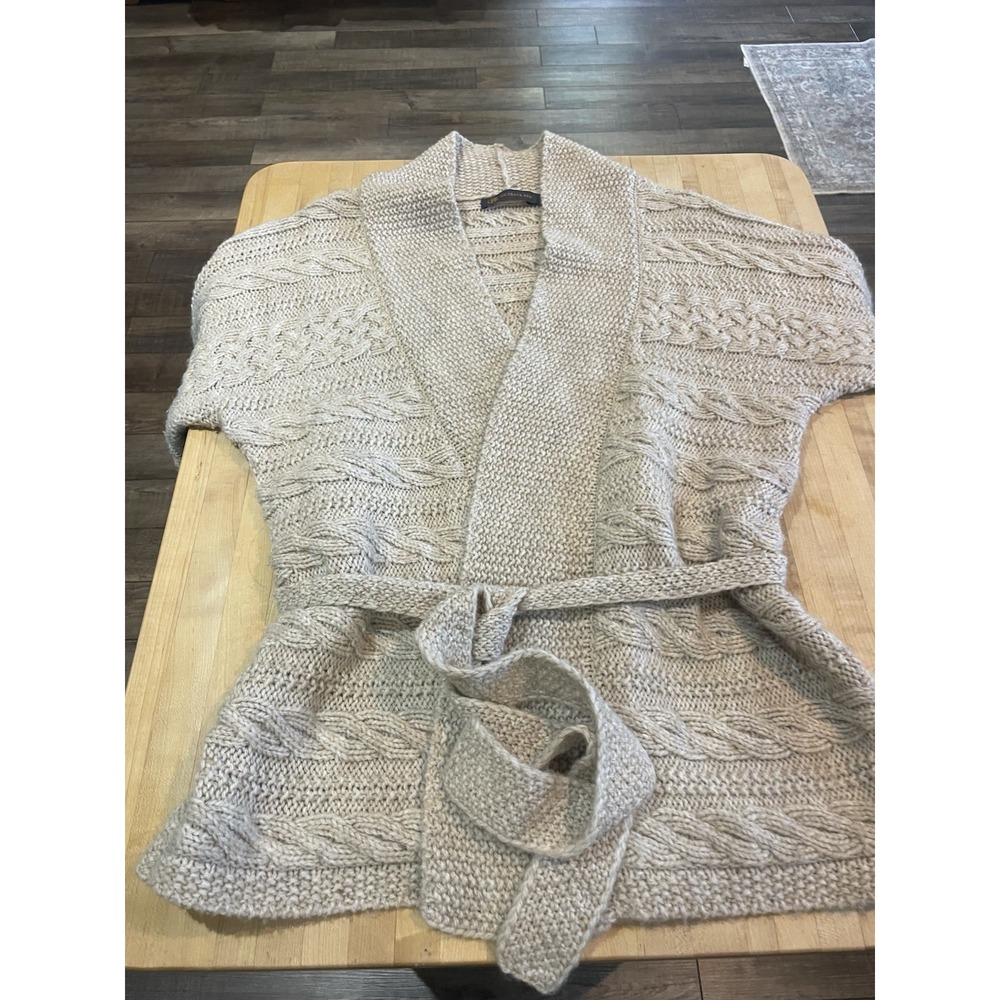 Oatmeal Cable Knit Wool Blend Short Sleeve Tie Waist Sweater Cardigan Women's M